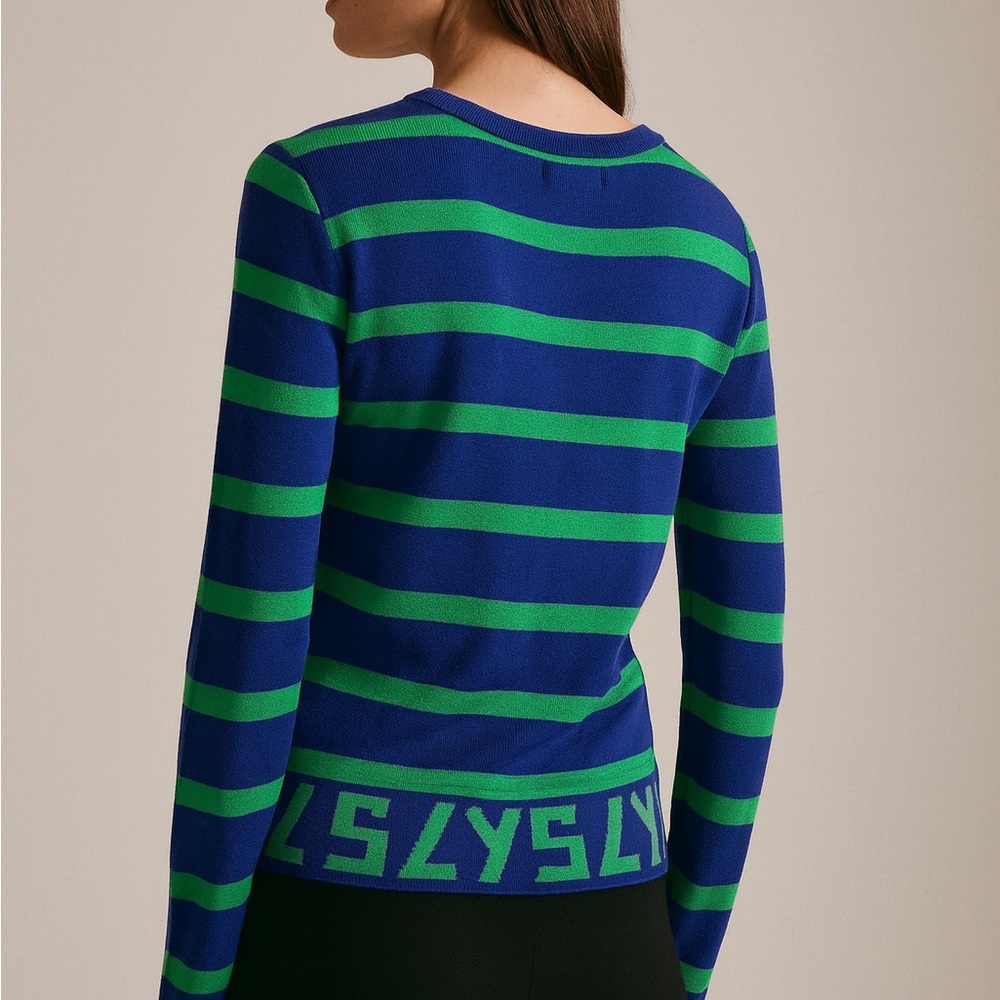 Rare Vintage YVES SAINT LAURENT Blue Green Striped 'YSL' Logo Sweatshirt… - Picture 3 of 12